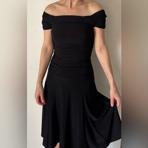 Off the shoulder fit and flare cocktail dress with stretch